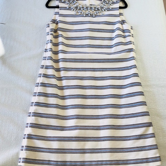 Tory Burch cream blue striped dress with jewels 8 - Picture 9 of 12